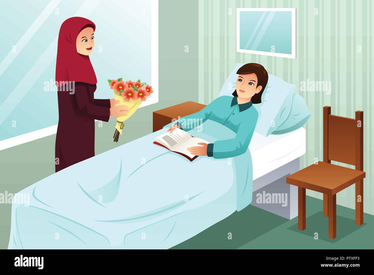 Un vecteur illustration de la femme musulmane en visite chez un ami à l'hôpital Illustration de Vecteur