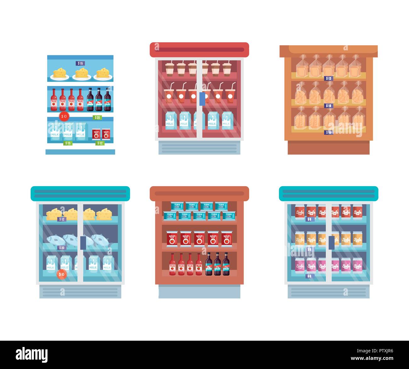 Réfrigérateur avec étagère de supermarché et des produits Illustration de Vecteur