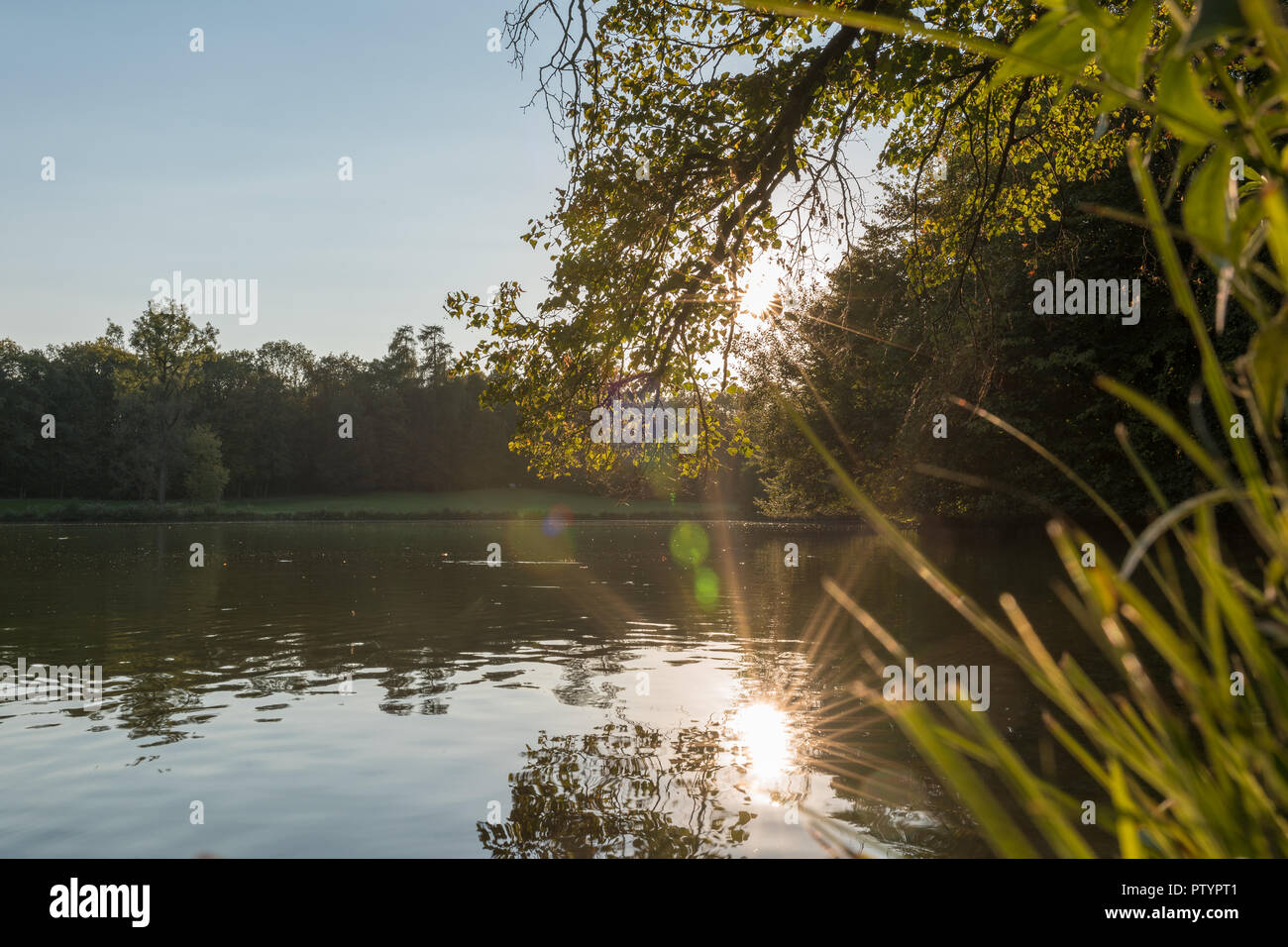 Coucher du soleil à un petit lac à Munich avec un beau sunstar. Banque D'Images
