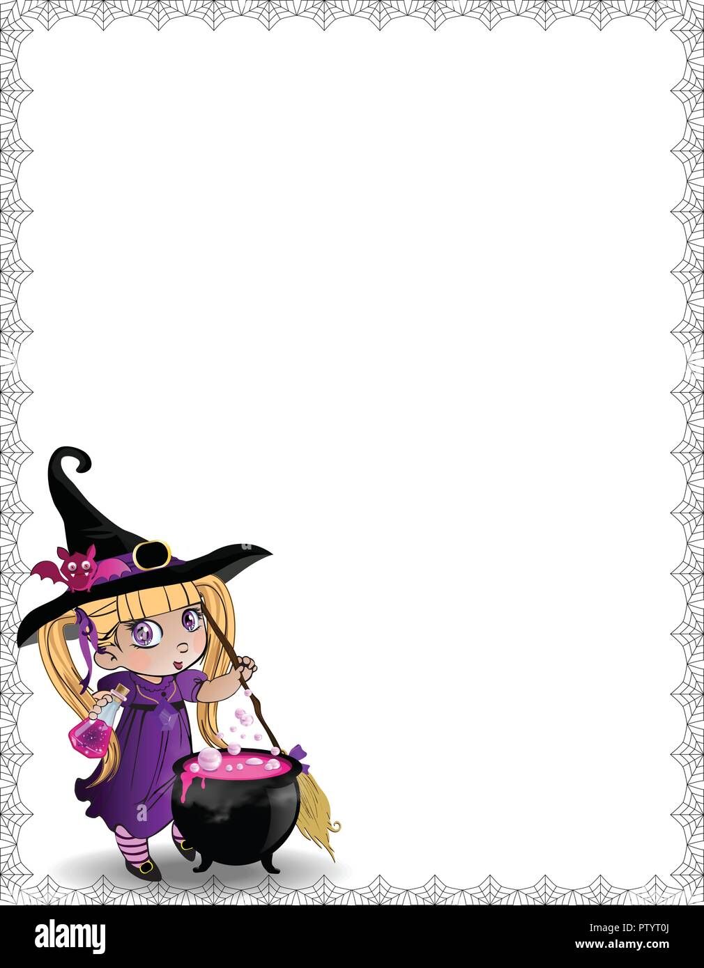 Vector Illustration De Peu Kawaii Bebe Fille Sorciere Avec Balai Et Chaudron Encadrees Avec Spider Web Isole Sur Fond Blanc L Invit Halloween Image Vectorielle Stock Alamy
