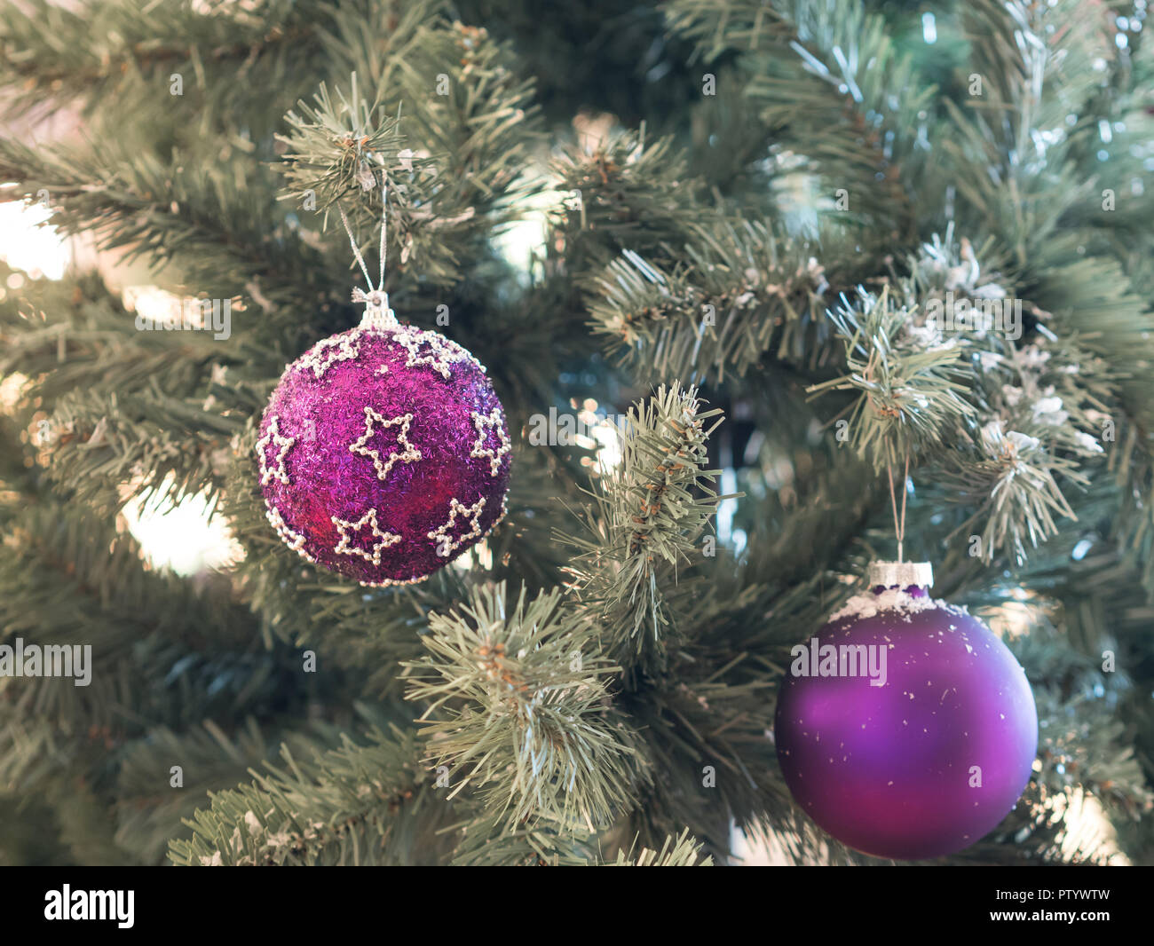 Ornements brillants violet on Christmas Tree Banque D'Images