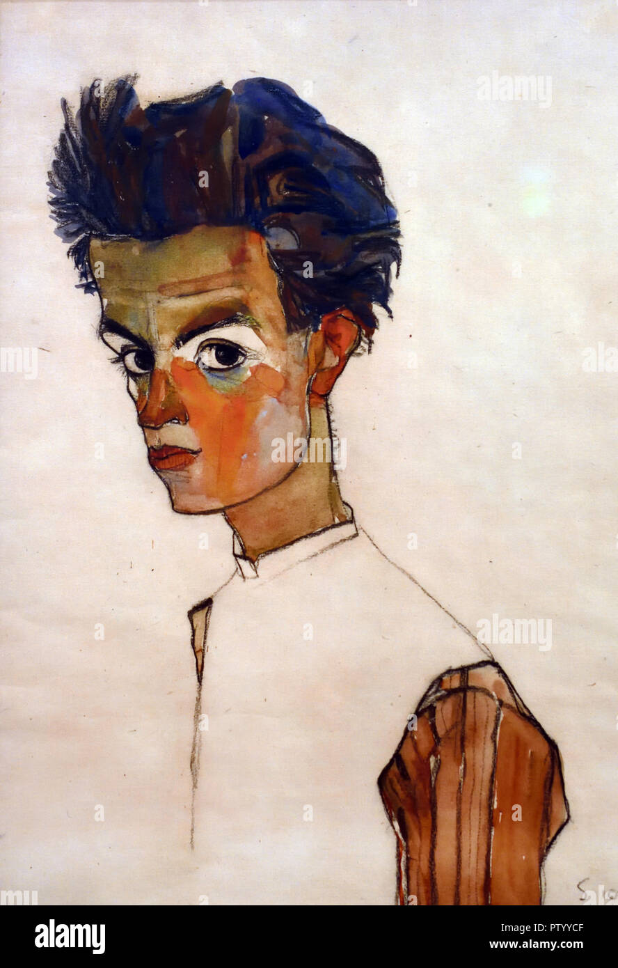 Self Portrait avec chemise repassée 1901 par Egon Schiele (1890 - 1918), l'Autriche l'Autriche. Banque D'Images