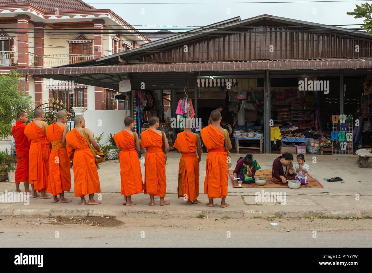 Vang Vieng, Laos - janvier 21, 2017 : les moines bouddhistes, la collecte de l'aumône dans la matinée à Vang Vieng, Laos Banque D'Images