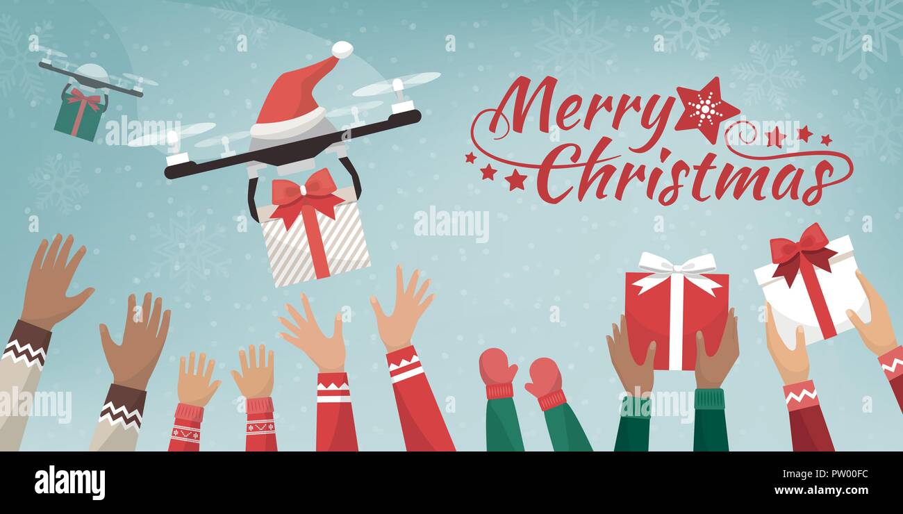 Avec les drones Santa's hat offrant des cadeaux de Noël pour les personnes gaies avec mains, ils attrapent la présente Illustration de Vecteur