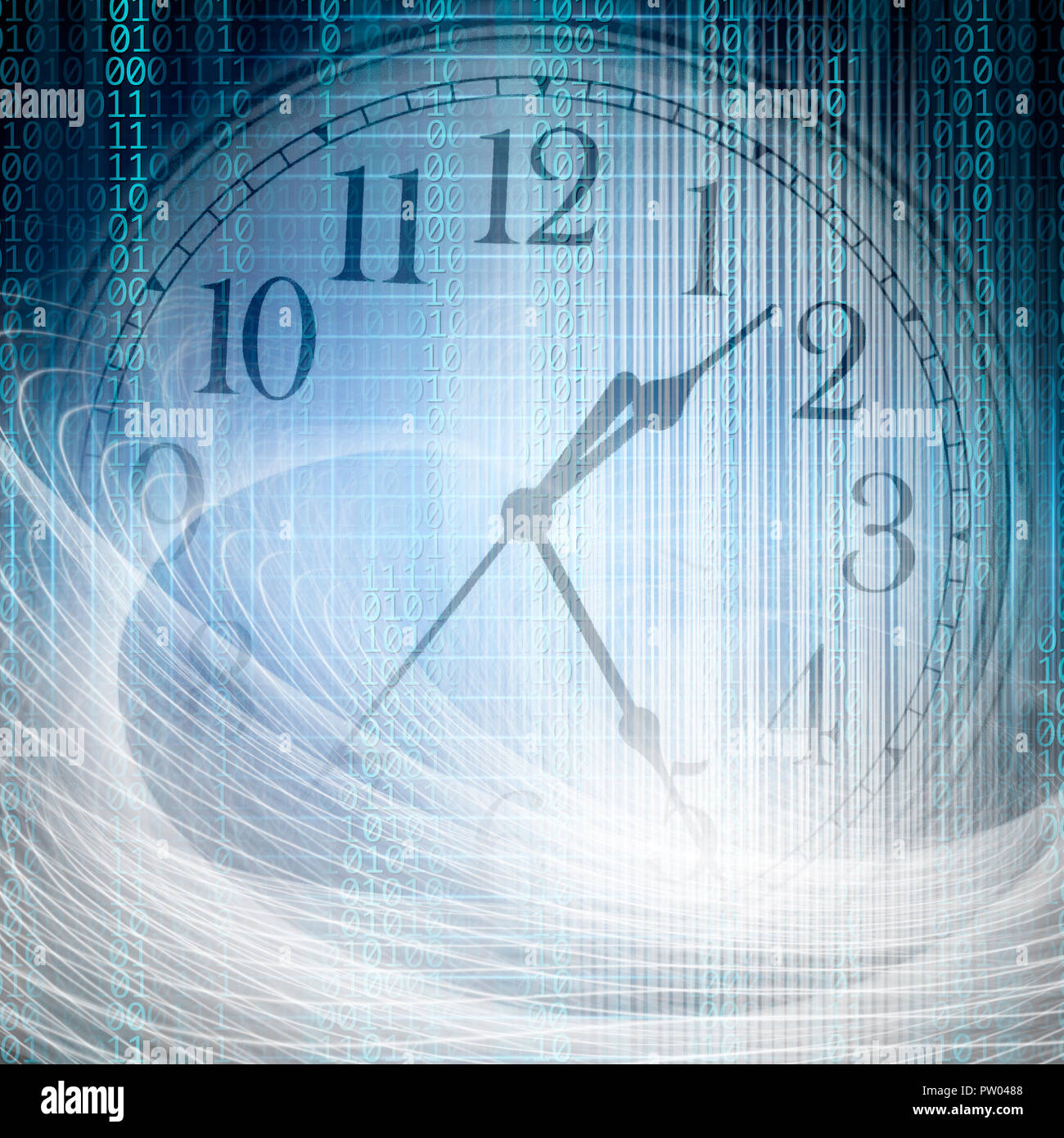 La technologie et de l'image conceptuelle du temps d'un code binaire avec horloge et lumières abstraites Banque D'Images