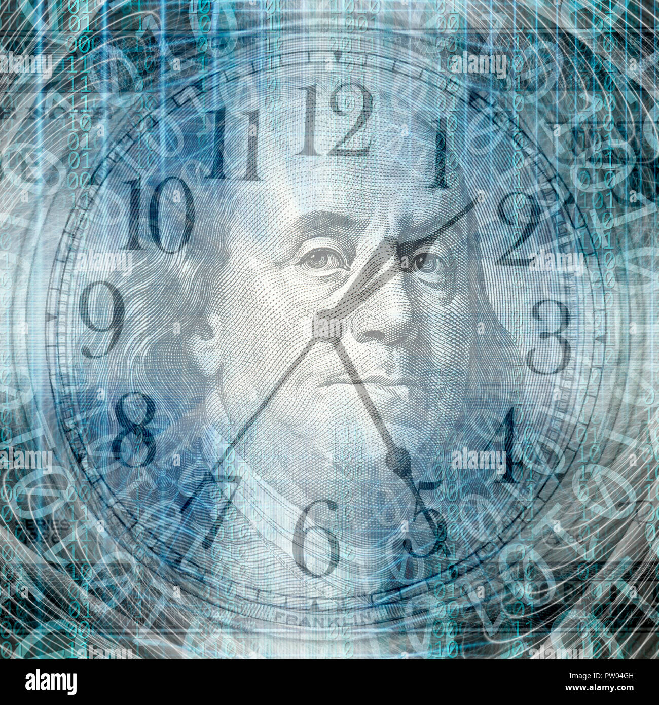 Image de fond conceptuel d'un code binaire avec le temps et money concept Banque D'Images