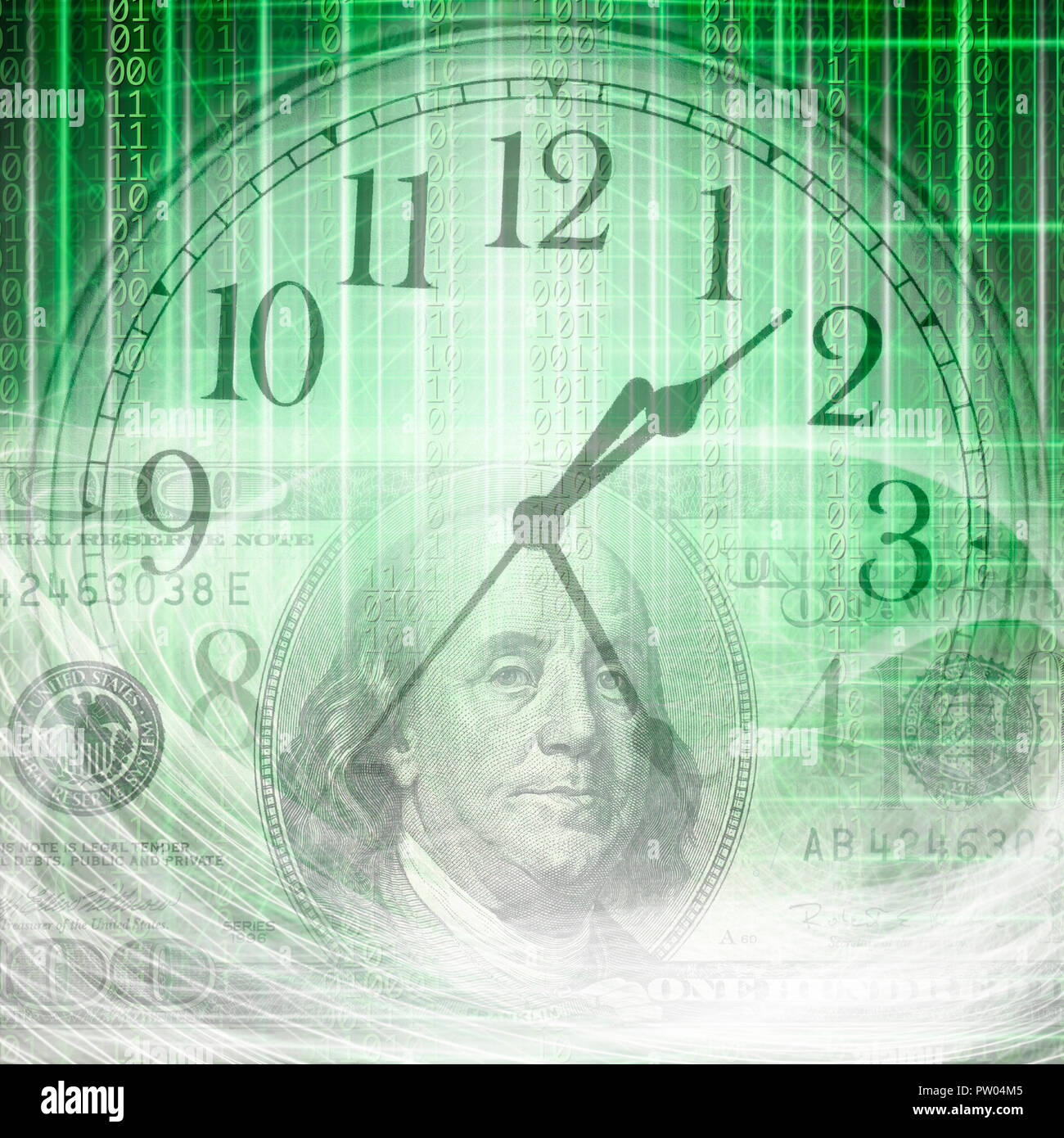 Image de fond conceptuel d'un code binaire avec le temps et money concept Banque D'Images