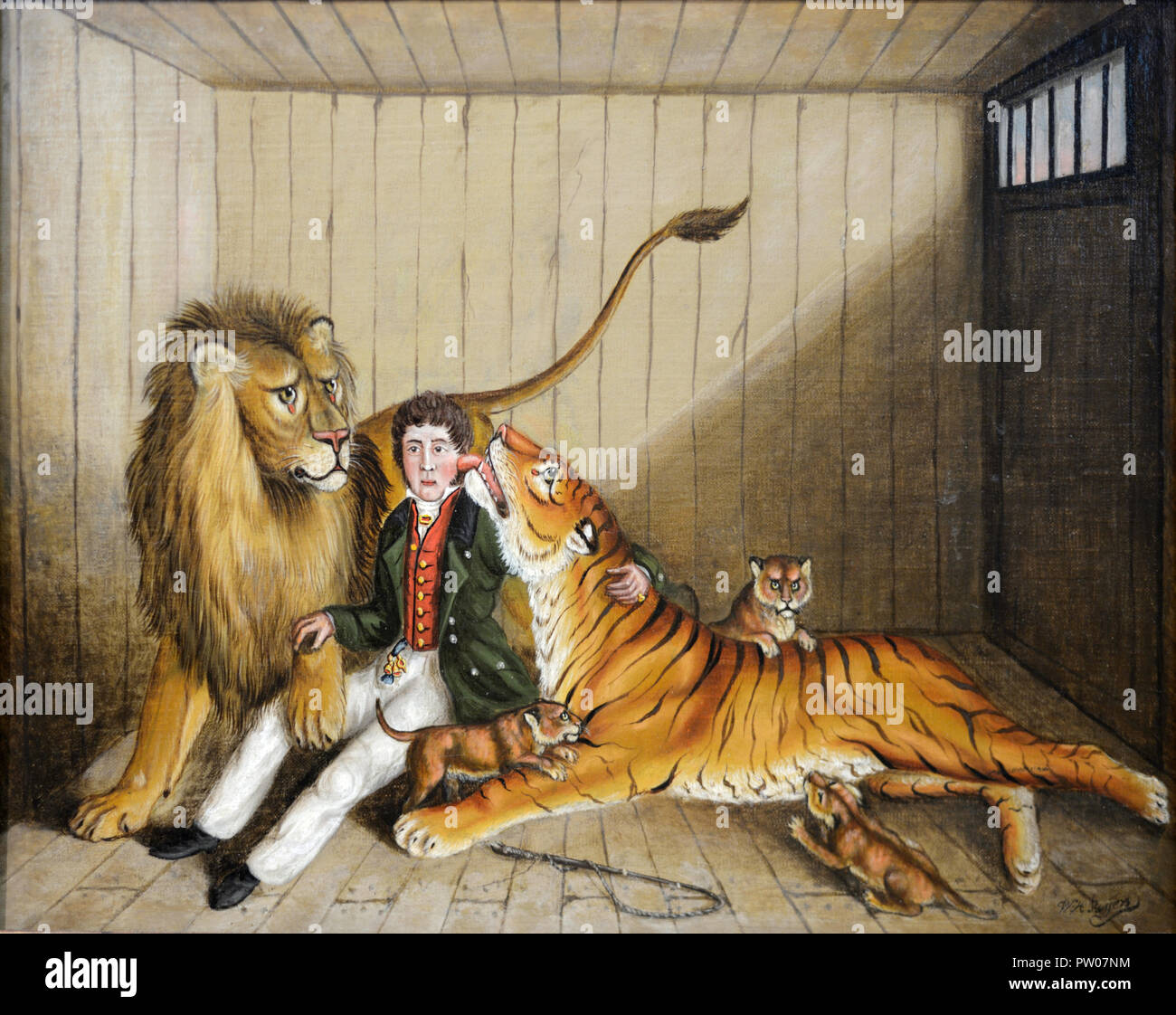 Dompteur ou Lion 'formateur dans l'antre du lion" ou cage par W.H.Rogers 1825-73 Art Populaire, Art Naïf ou Art Brut, huile sur toile l'Angleterre Banque D'Images