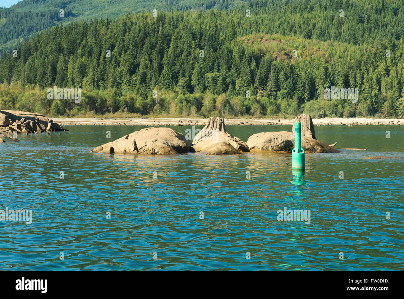 Bouée de navigation à tribord verte sur le lac Stave à Mission, Colombie-Britannique, Canada Banque D'Images