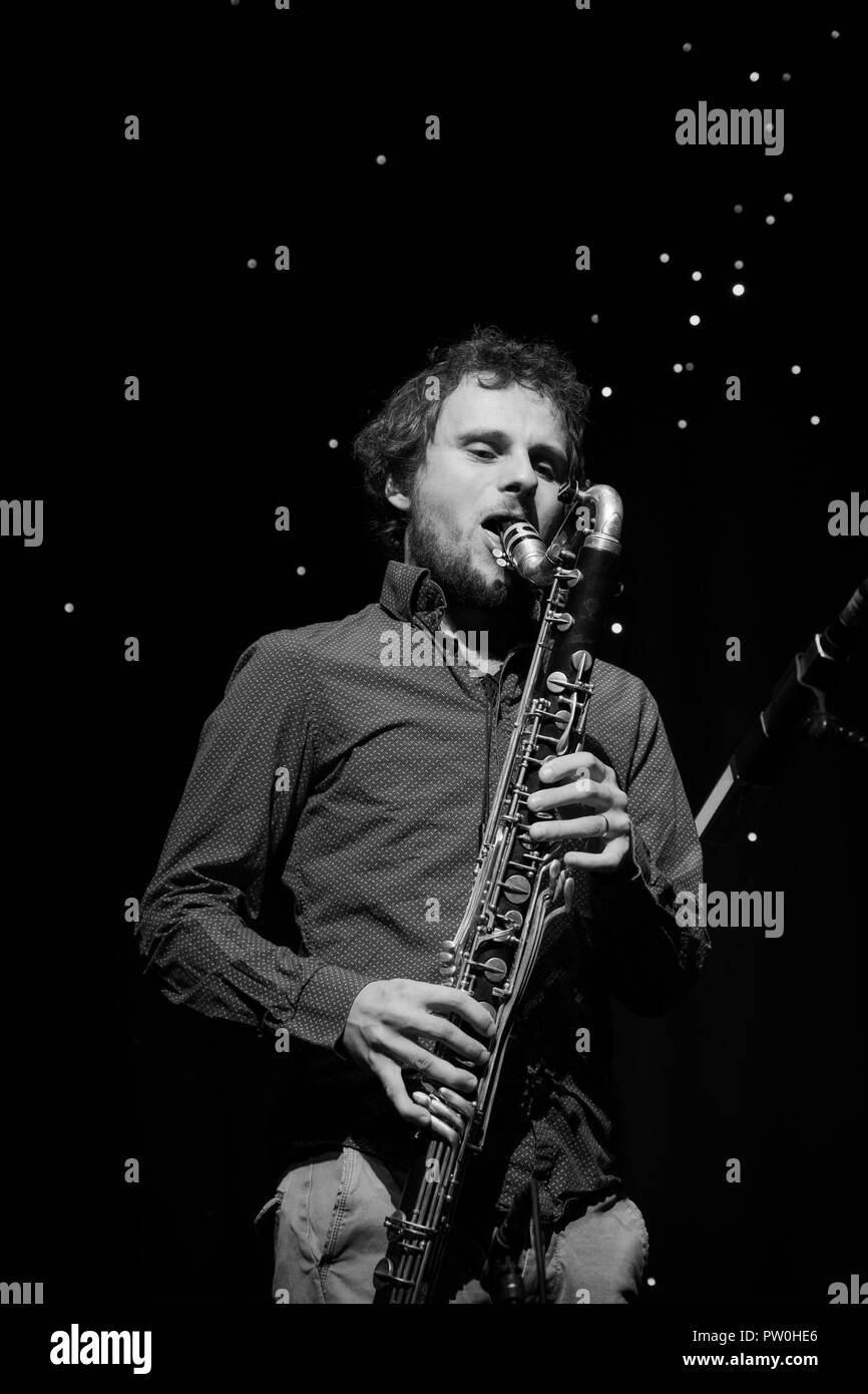 Daniel Moser joue avec clarinette, clarinette basse noir Woody Quartet Jazz Festival 2018, Scarborough Banque D'Images