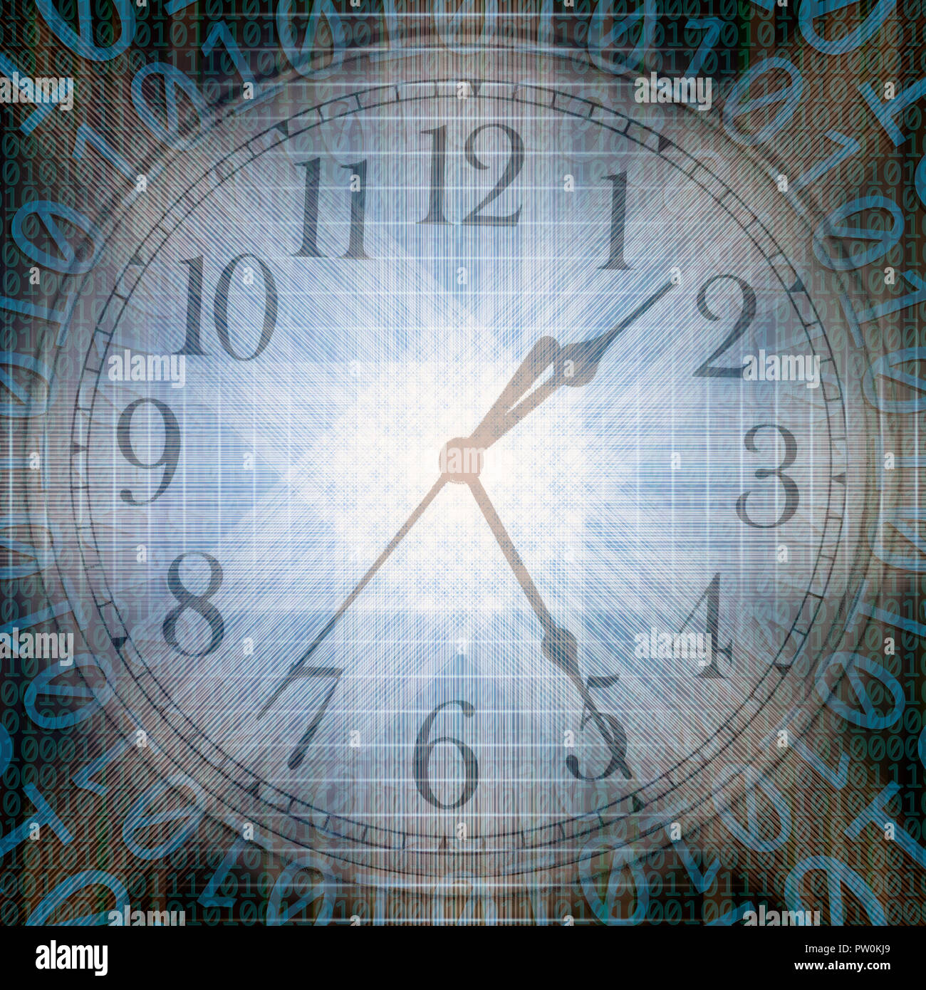 La technologie et de l'image conceptuelle du temps d'un code binaire avec horloge et lumières abstraites Banque D'Images