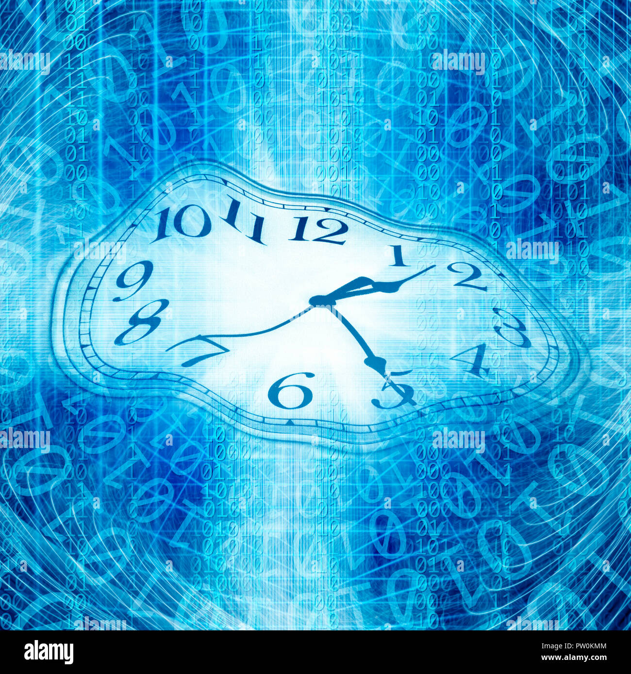 La technologie et de l'image conceptuelle du temps d'un code binaire avec horloge et lumières abstraites Banque D'Images