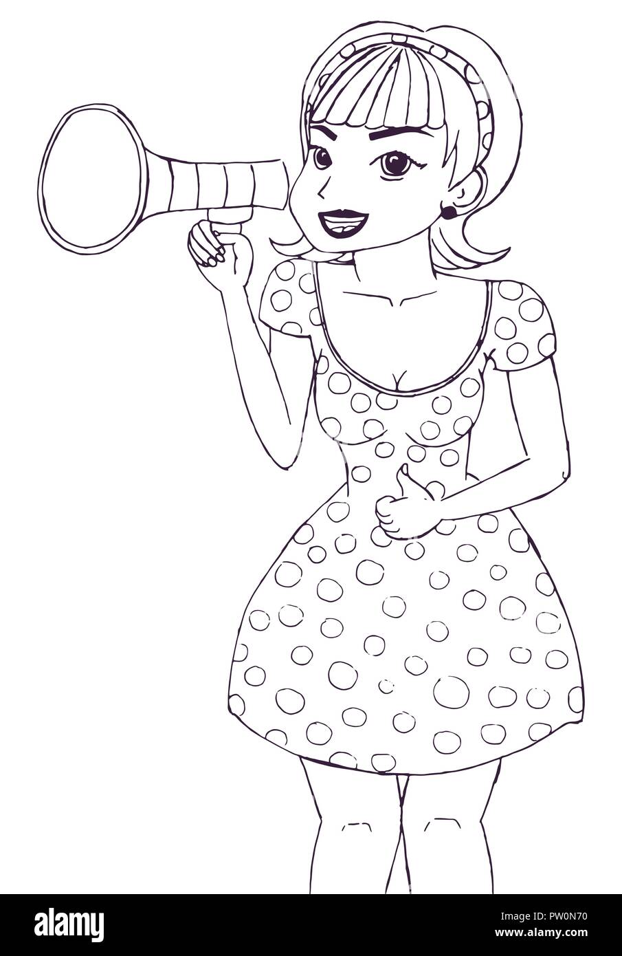 Girl making annonce avec mégaphone ou haut-parleur. Illustration de Vecteur