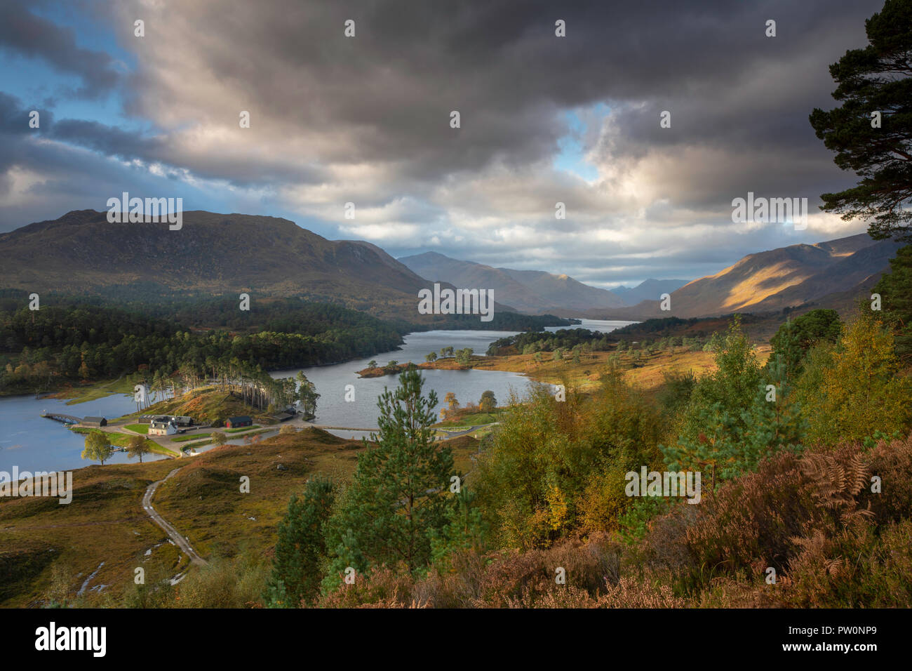 Avis de Glen Affric à à l'Ouest y compris estate cottage entouré de loch et de forêts et montagnes en arrière-plan. Banque D'Images