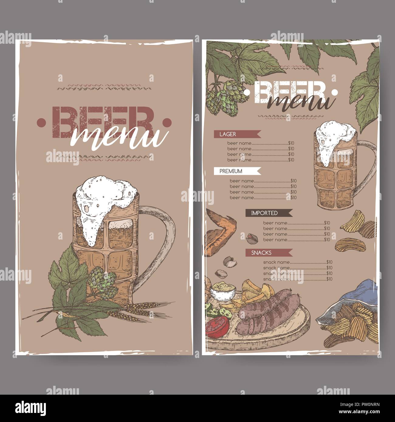 Modèle couleur menu Beer with beer mug, hop, direction générale du blé, chips, noix, ailes de poulet et snack-plaque. Illustration de Vecteur