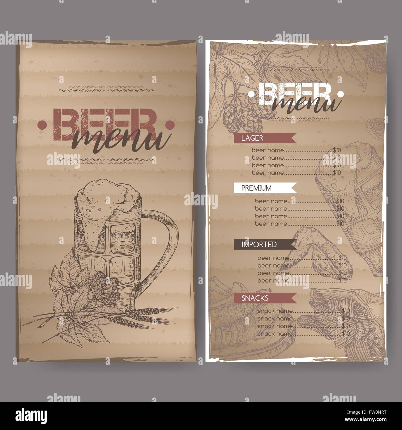 La bière menu template with beer mug, hop, direction générale du blé, chips, noix, ailes de poulet et snack-plaque. Illustration de Vecteur