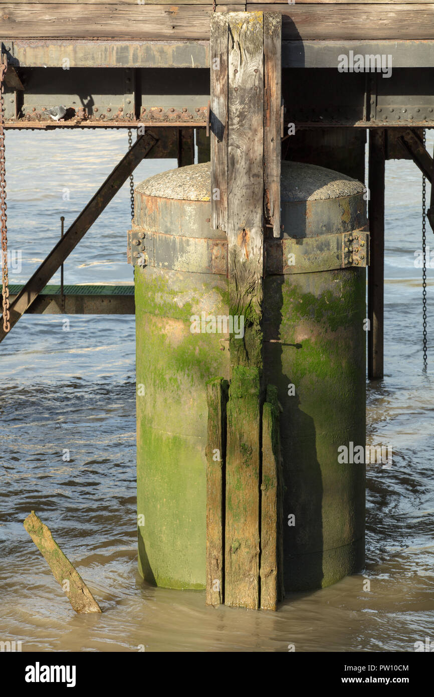 Les vieilles structures post et le bois d'allées debout dans la rivière pour l'accès aux bateaux de rivière, utilisé par les quais de la Tamise, Londres, UK Banque D'Images