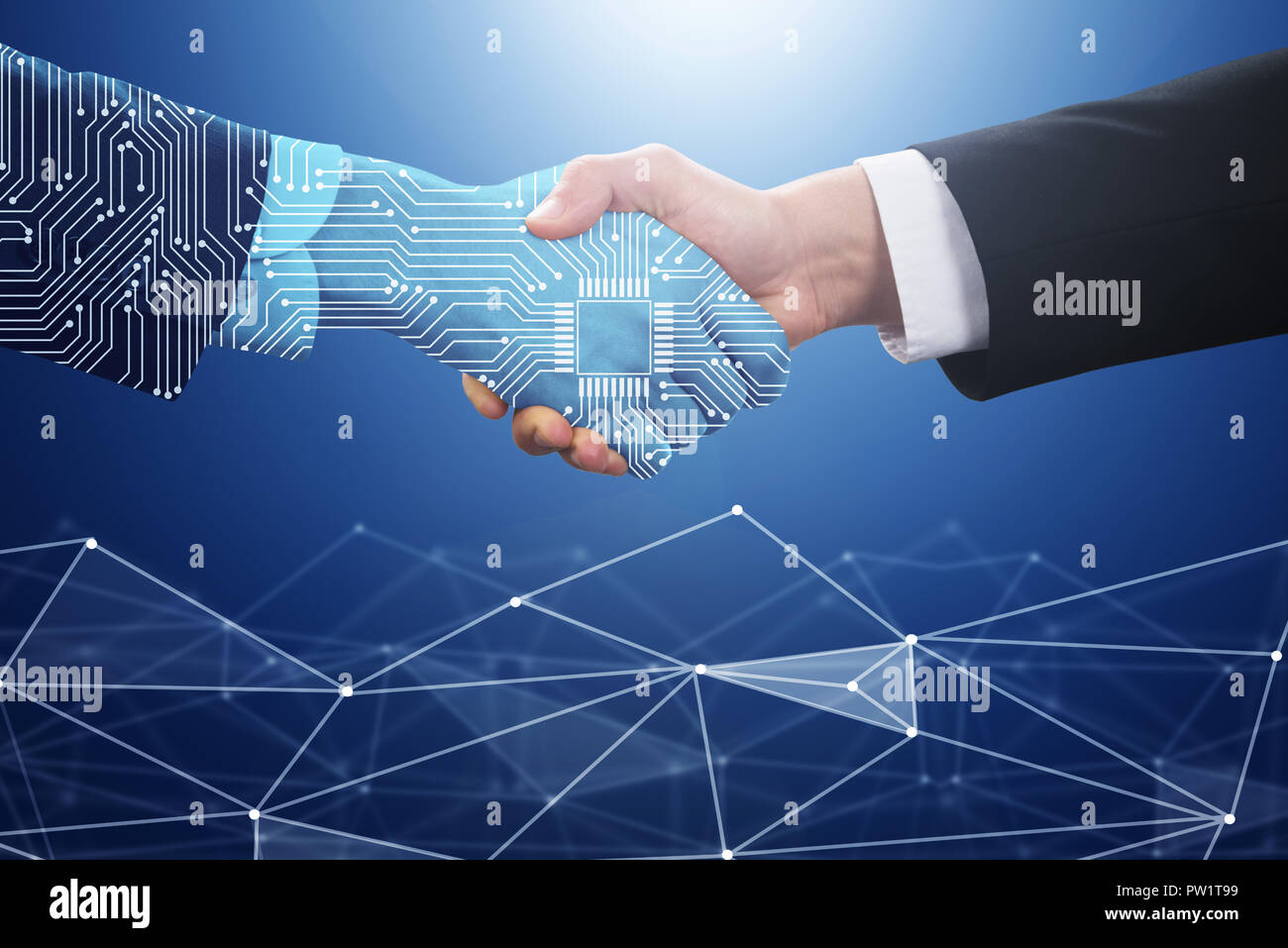 Affaires Shaking hand with Digital Partner sur Futuristic Background Banque D'Images