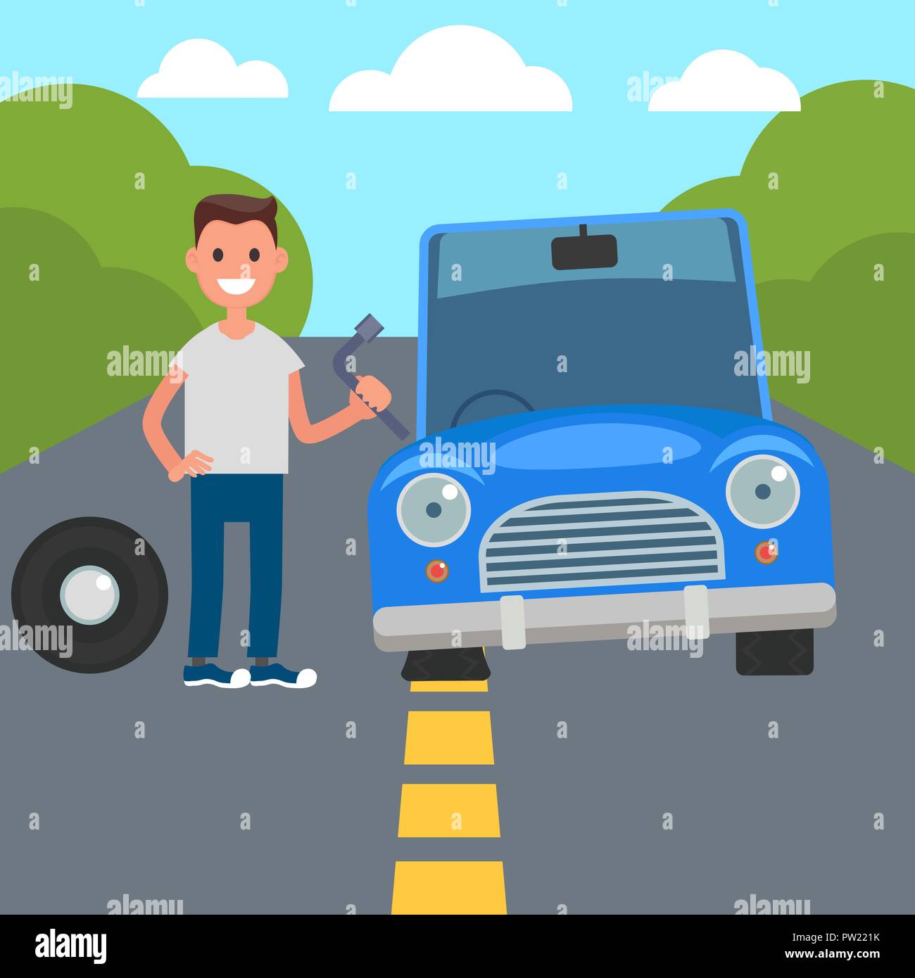 Modèle plat Voiture caractères. Le partage de voiture. Le changement de pneu. Vector Illustration de Vecteur