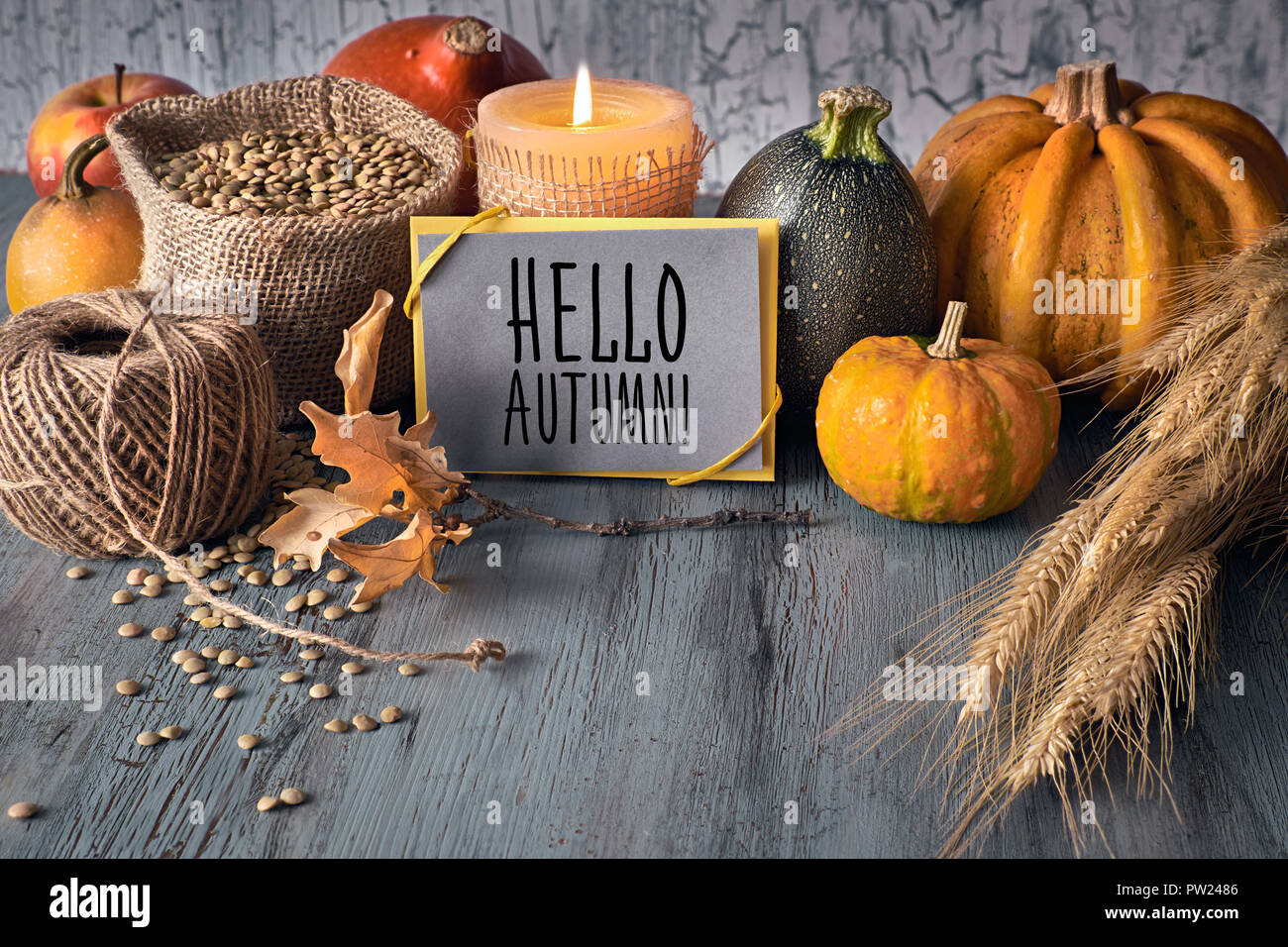 La récolte d'automne de la vie toujours avec des citrouilles, les épis de blé et de lentilles dans un sac bleu sur fond de bois rustique. Carte de voeux papier avec 'Bonjour Automne Banque D'Images