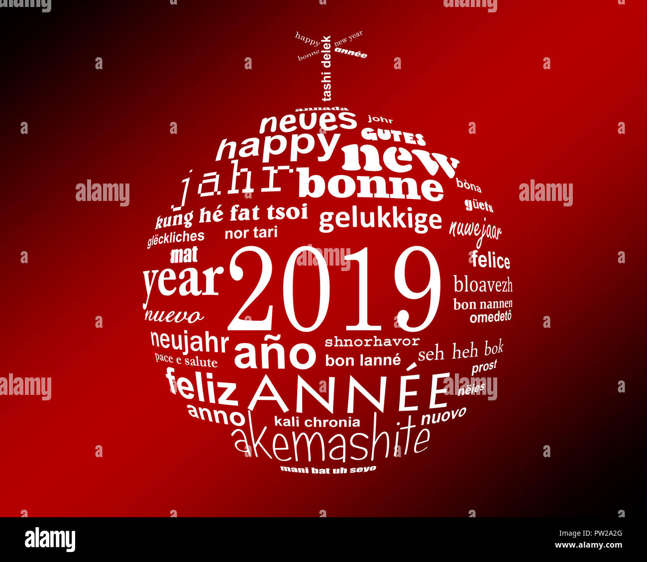 Nouvel an 2019 nuage de mots de texte multilingue dans la forme d'une boule de noël Banque D'Images
