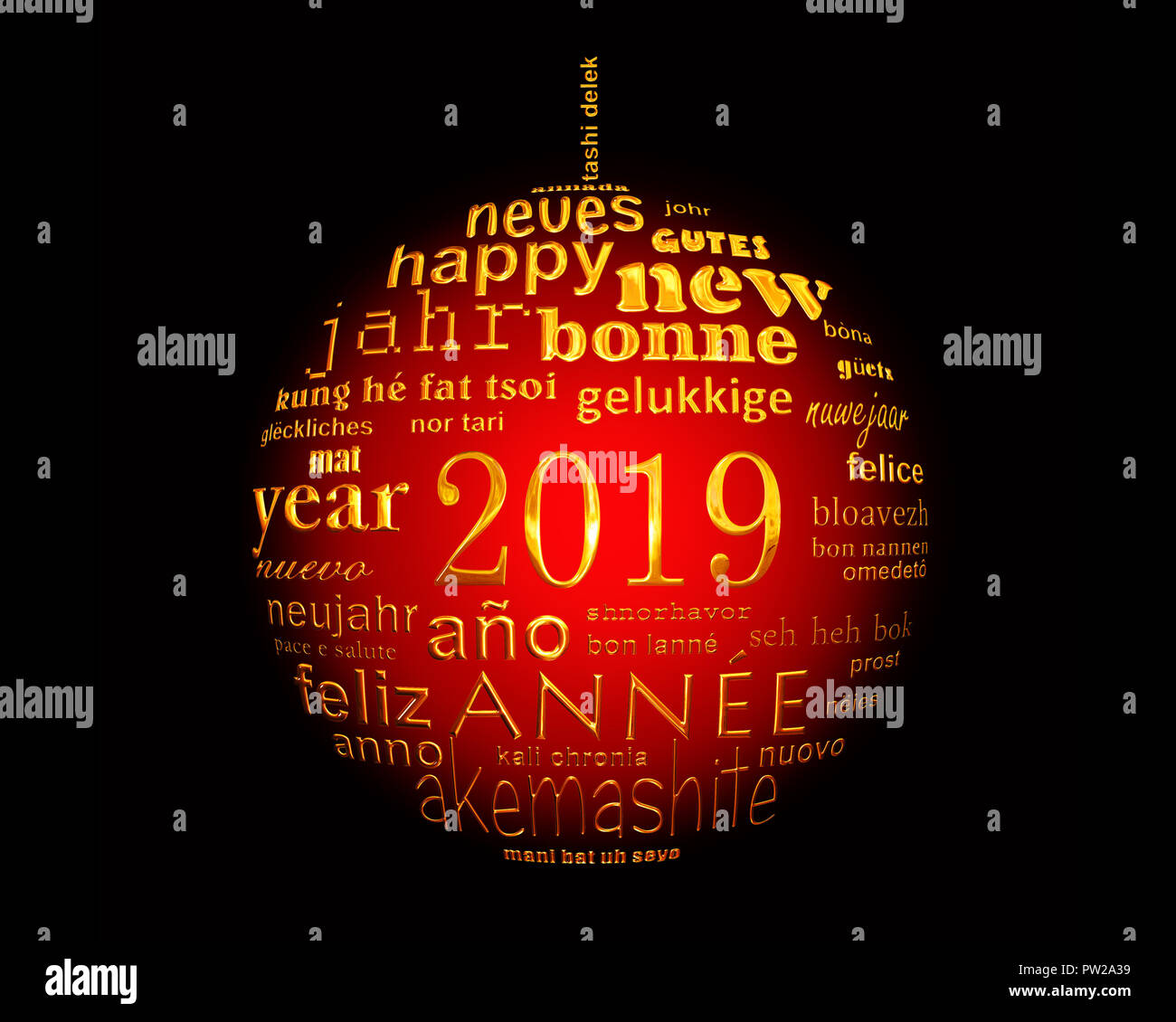 Nouvel an 2019 nuage de mots de texte multilingue dans la forme d'une boule de noël Banque D'Images