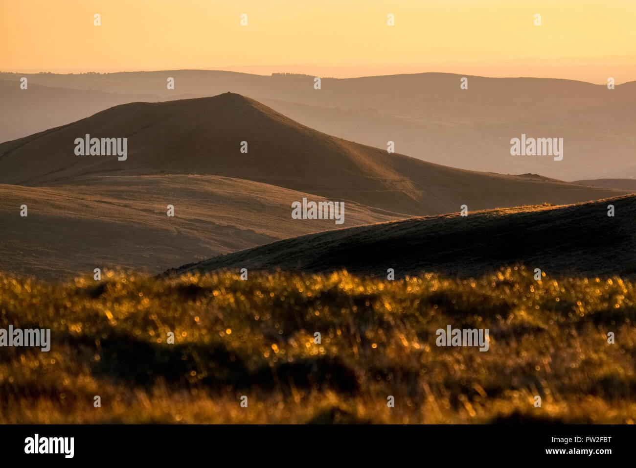 Vu la tête du sud de Kinder Scout au coucher du soleil, parc national de Peak District,UK Banque D'Images