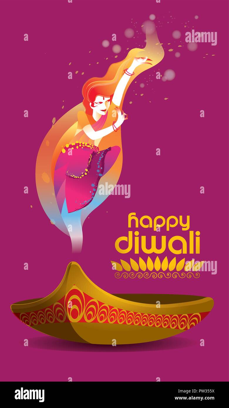 Vecteur de la Deepavali ou Diwali, avec une femme dansant, lampe à pétrole et les salutations de la Deepavali. Illustration de Vecteur