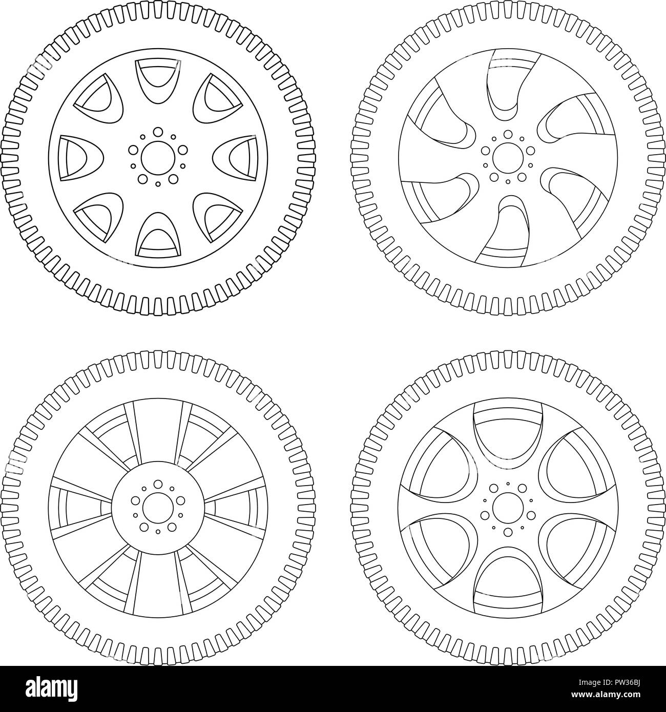 Roue avec pneu. Ensemble d'icônes contour Illustration de Vecteur Roue avec pneu. Ensemble d'icônes contour Illustration de Vecteur
