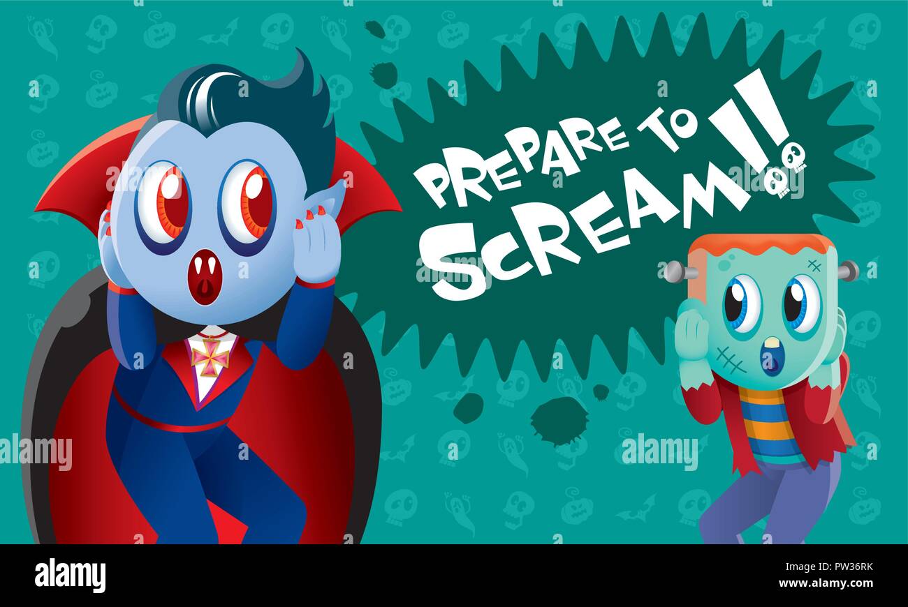 Un mignon Frankenstein et vampire avec spooky arrière-plan. Illustration de Vecteur