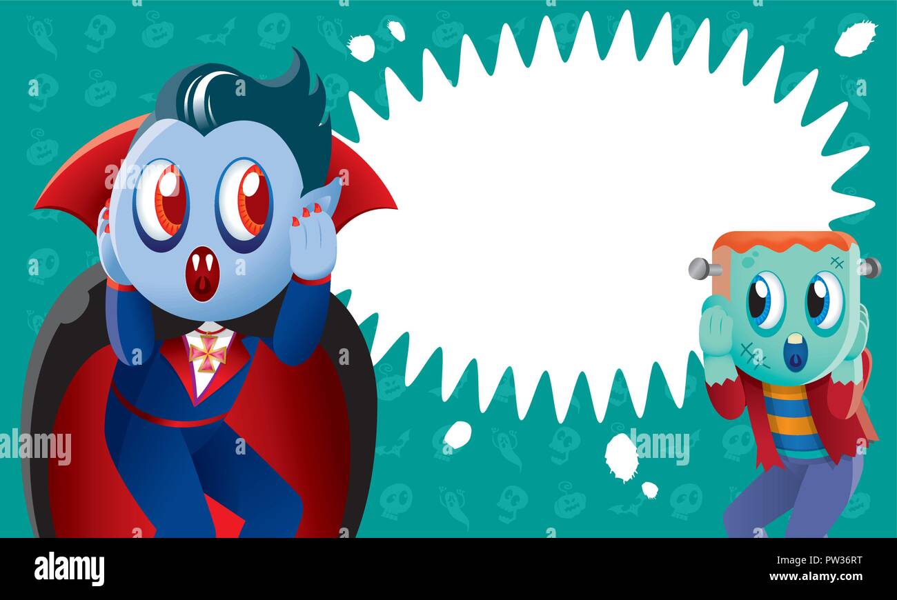 Un mignon Frankenstein et vampire avec spooky arrière-plan. Illustration de Vecteur