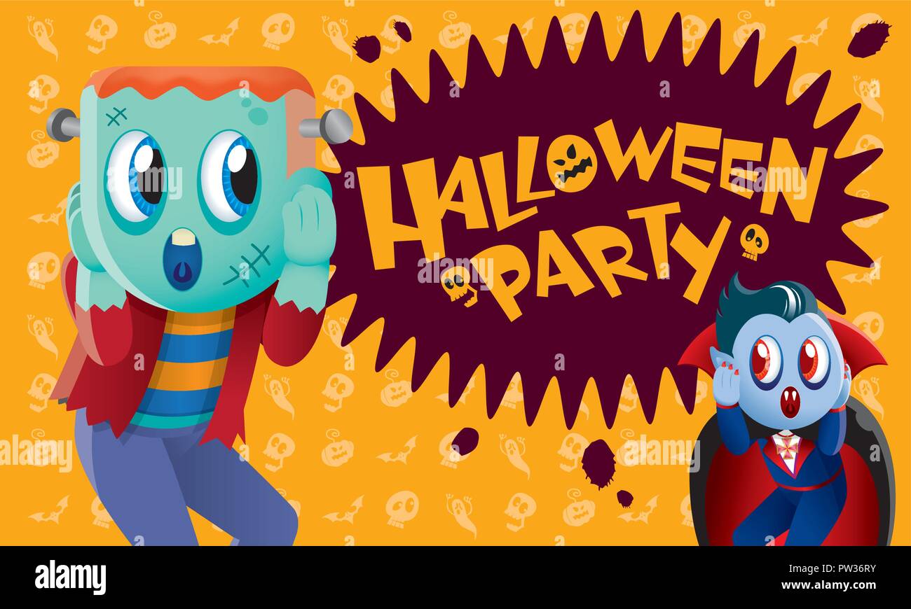 Un mignon Frankenstein et vampire avec spooky arrière-plan. Illustration de Vecteur