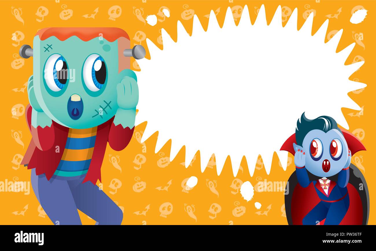 Un mignon Frankenstein et vampire avec spooky arrière-plan. Illustration de Vecteur