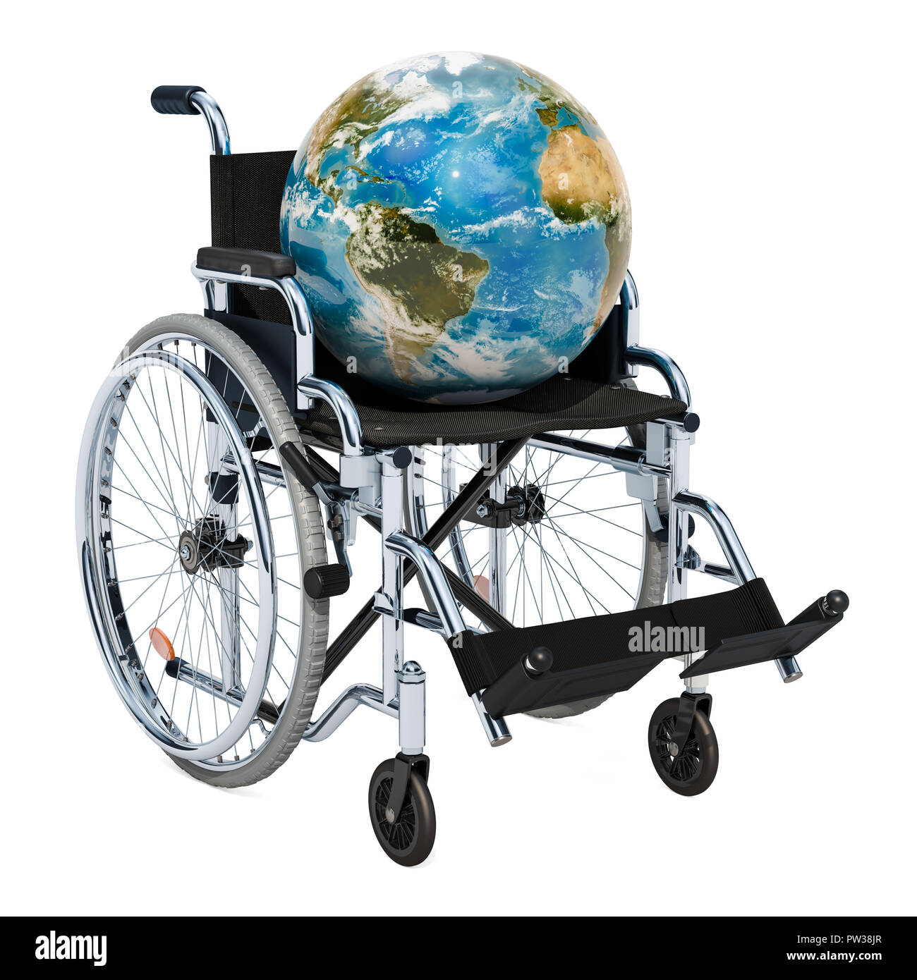 Concept d'invalidité à l'échelle mondiale. Globe terrestre avec fauteuil roulant, rendu 3D isolé sur fond blanc Banque D'Images