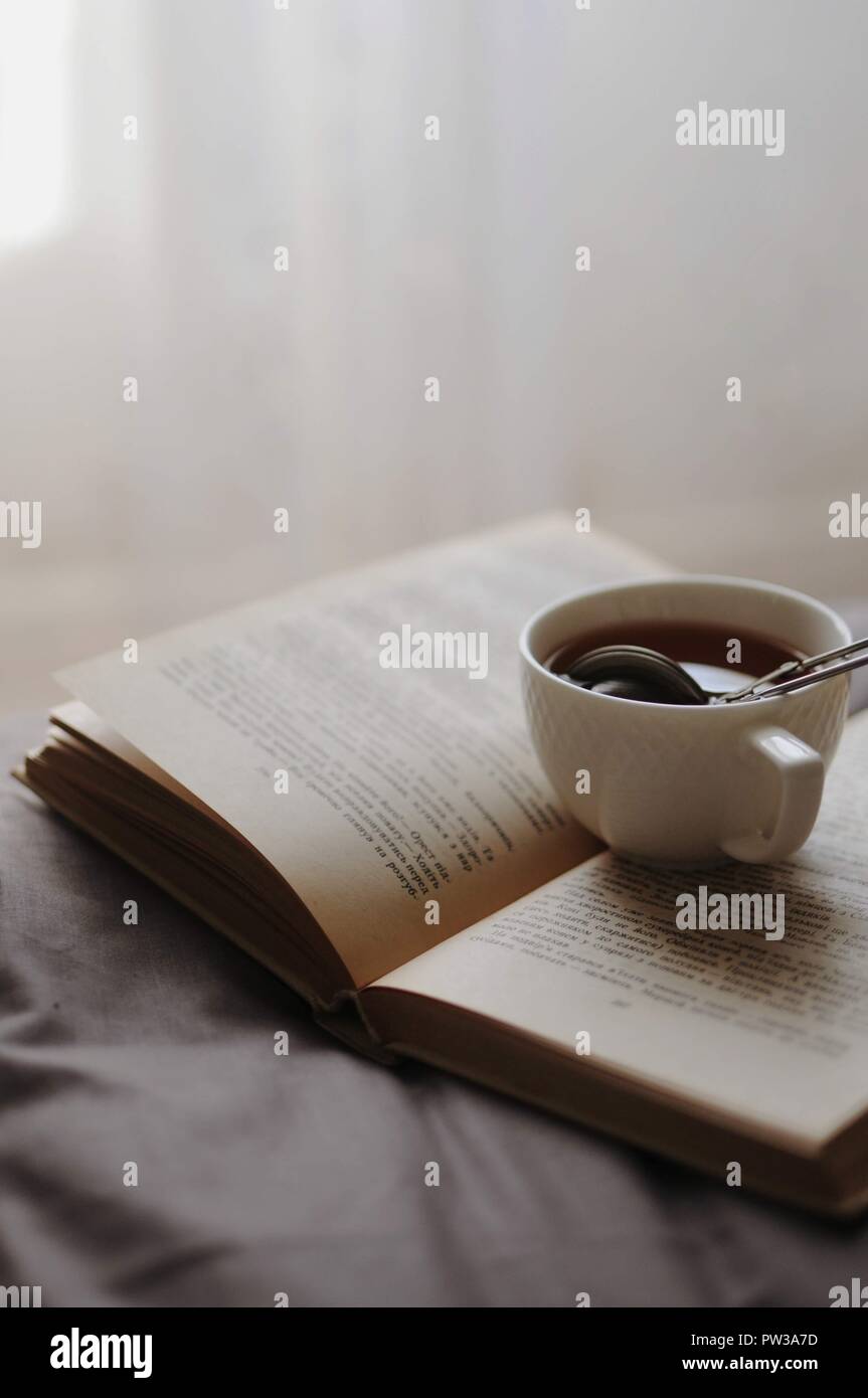 Accueil chaleureux de la vie toujours : tasse de thé chaud avec tamis et livre ouvert sur lit gris. La notion de confort et de la lecture. Matinée de détente. Vacances d'hiver, f Banque D'Images
