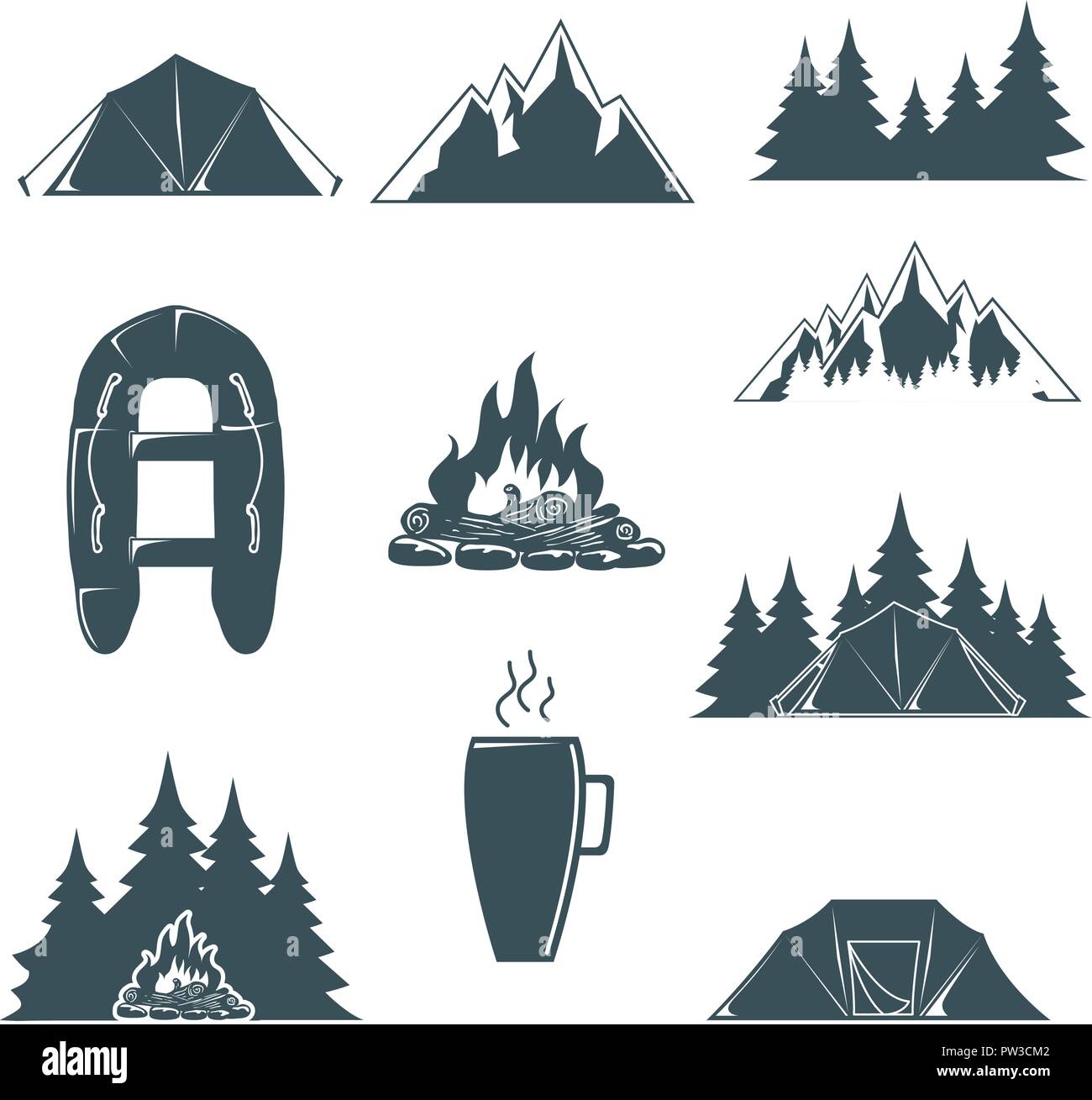 Summer Camp avec éléments de conception. Emblèmes de l'aventure de plein air et de camping. Tente de camping, forêt d'ossature. Vector Illustration de Vecteur