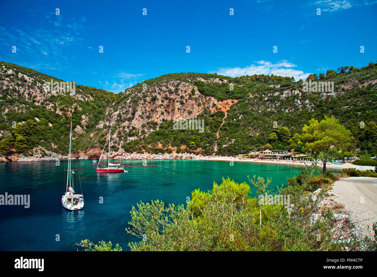 Plage Limnonari, île de Skopelos, Sporades du Nord, Magnessia, Thessalie, Grèce. Banque D'Images