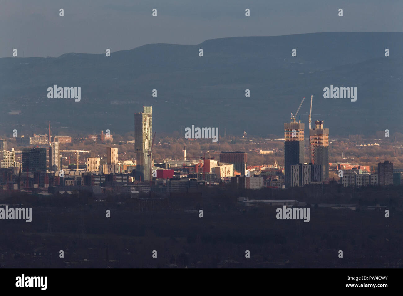 Vue générale de la ville de Manchester montrant le bâtiment de la CEI, le Centre d'Andale, Manchester Town Hall, Beetham Tower Banque D'Images