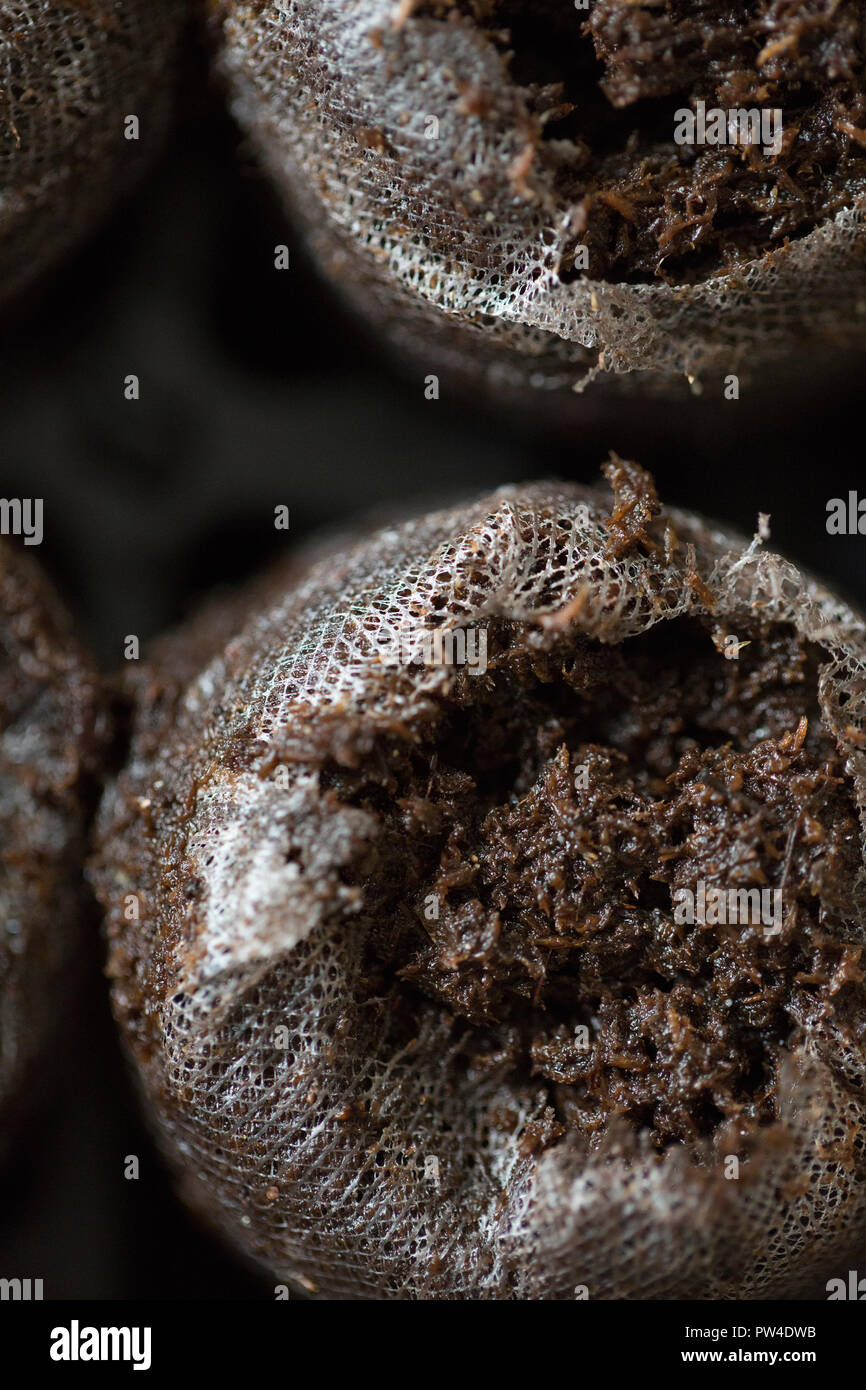 Close-up d'engrais organiques dans des sacs Banque D'Images