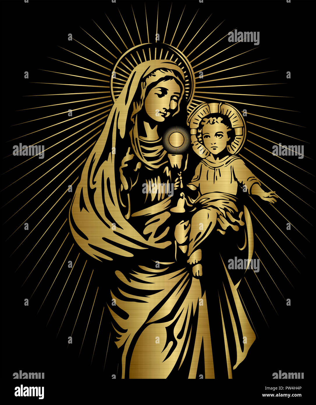Sainte Vierge Marie et l'enfant Jésus illustration métallique d'or Banque D'Images