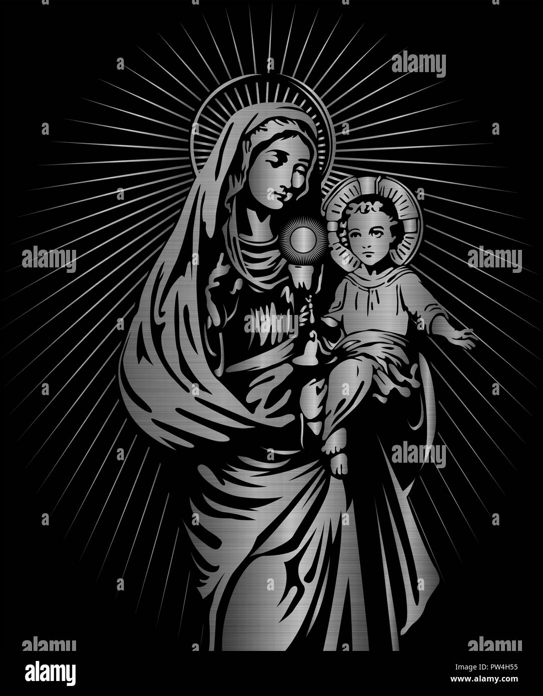 Sainte Vierge Marie et l'enfant Jésus illustration en métal argenté Banque D'Images