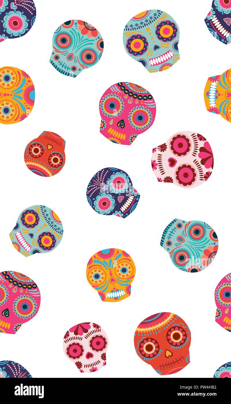 Sucre coloré et heureux vecteur seamless pattern crânes sur fond blanc. Parfait pour l'Halloween, tissu, patchwork, scrapbookpaper, papier peint et cr Illustration de Vecteur