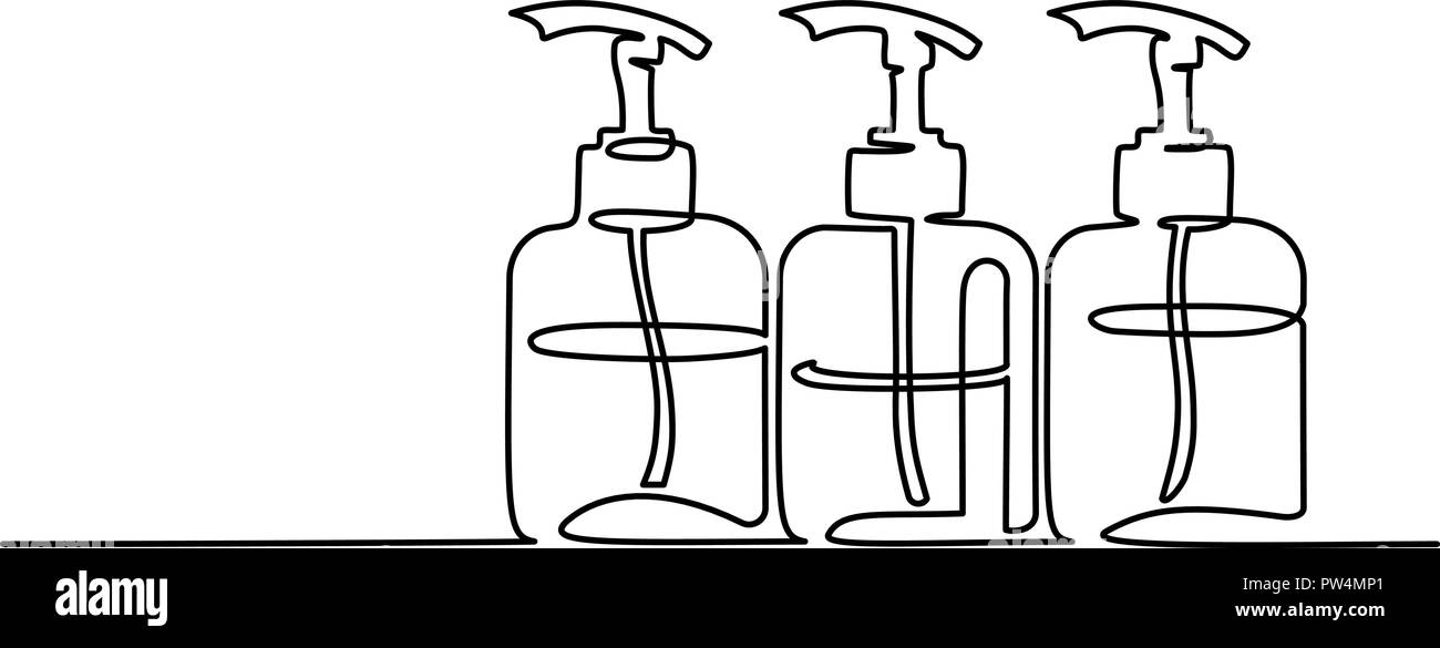 Dessin d'une ligne continue. Les bouteilles de shampooing cosmétique. Vector illustration Illustration de Vecteur