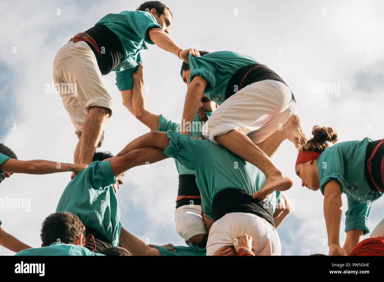 Castellers de Vilafranca, Tour humain traditionnel, Vilafranca del Penedès, Catalogne, Espagne, 2014 Banque D'Images