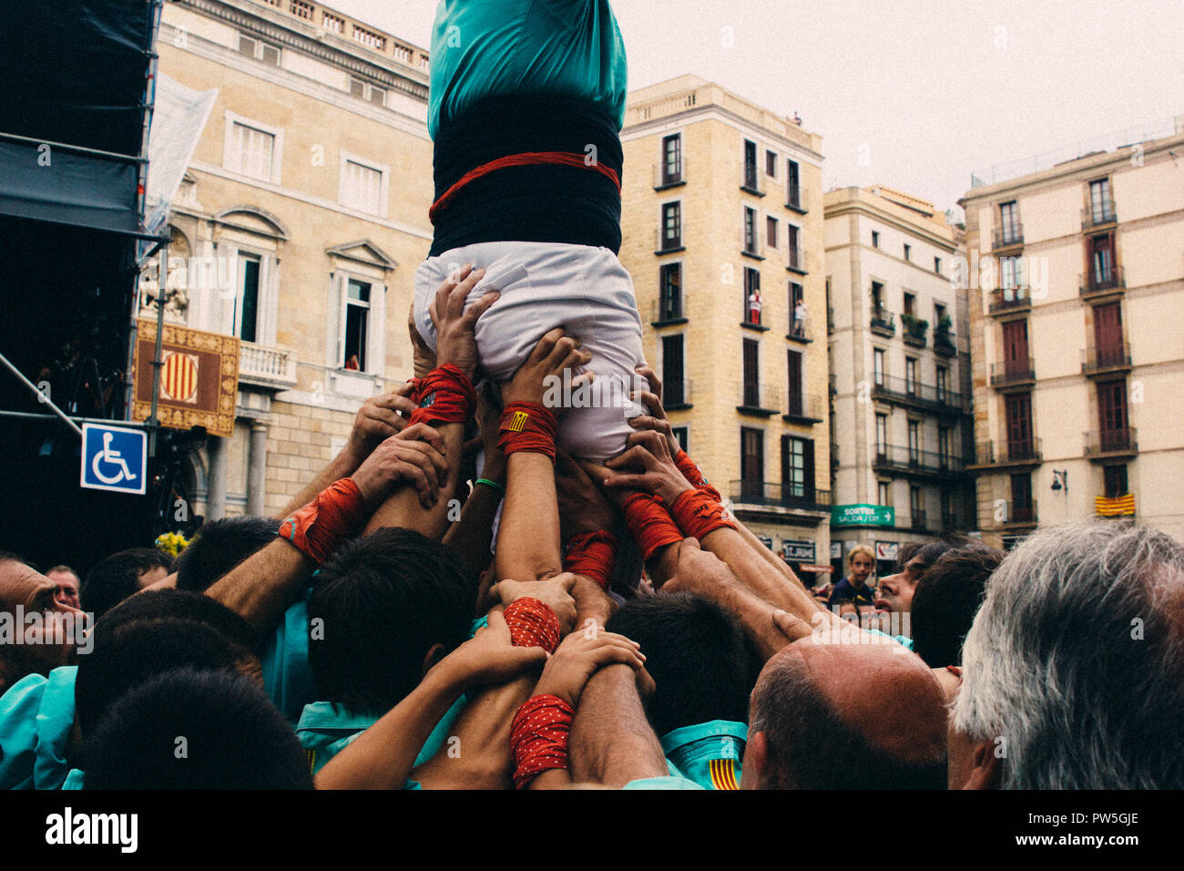 Castellers de Vilafranca, Tour humain traditionnel, la Merce, Barcelone, Catalogne, Espagne, 2014 Banque D'Images