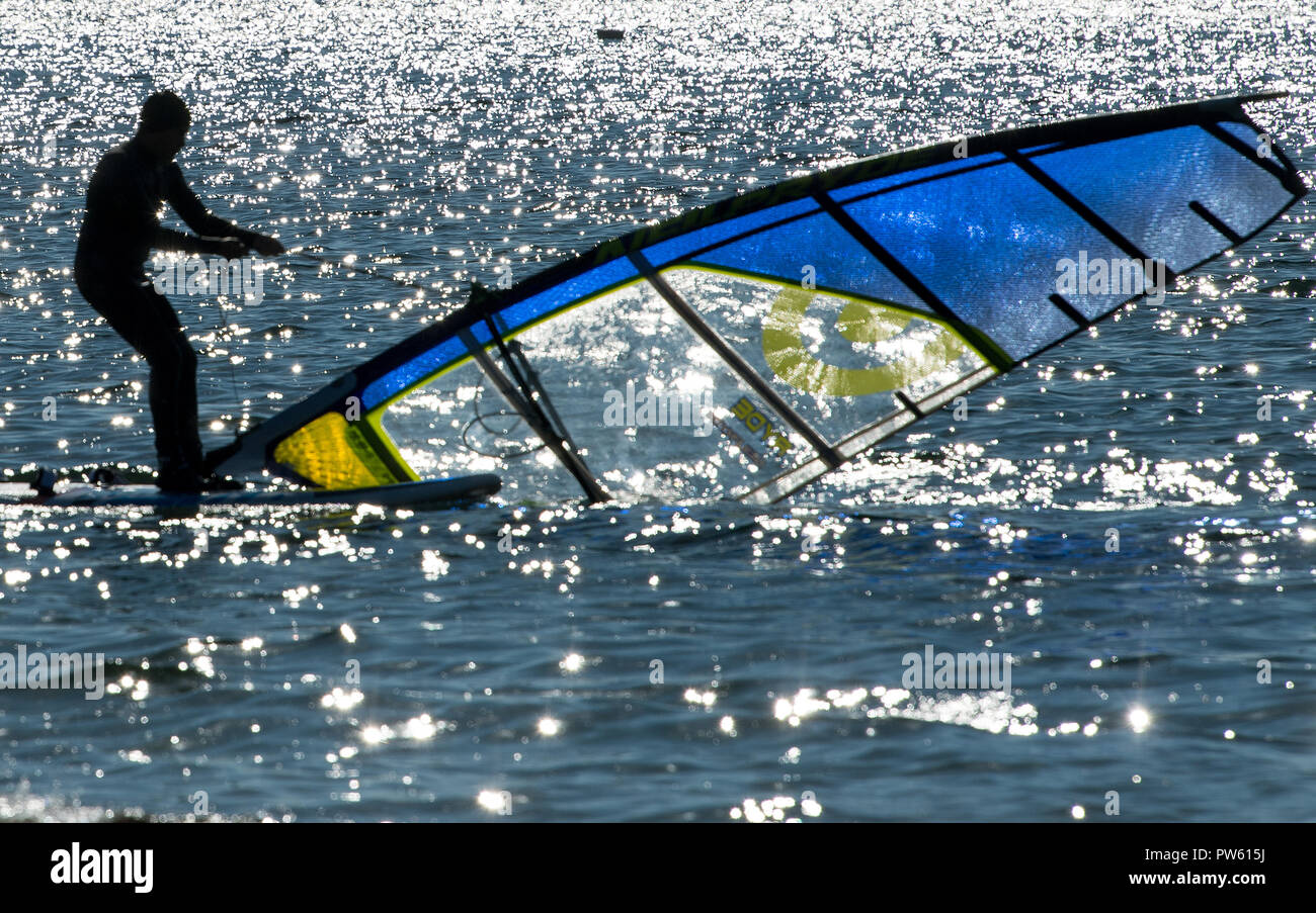 Berzdorf, Saxe. 13 Oct, 2018. Un homme surf en plein soleil et les températures estivales sur le Berzdorfer lac près de Goerlitz. Credit : Monika Skolimowska/dpa-Zentralbild/dpa/Alamy Live News Banque D'Images