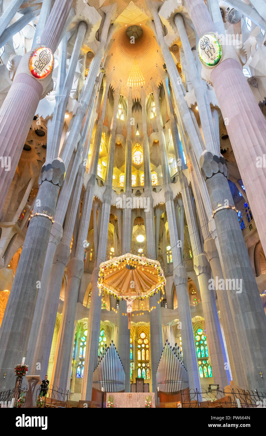 Barcelone, Sagrada Familia. Intérieur de la basilique de l'conçues Gaudi Sagrada Familia, Barcelone, Espagne Banque D'Images