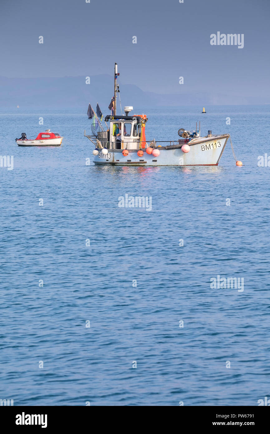 Un bateau de pêche un petit moteur bateau ancré au large de la côte de Dorset. Banque D'Images