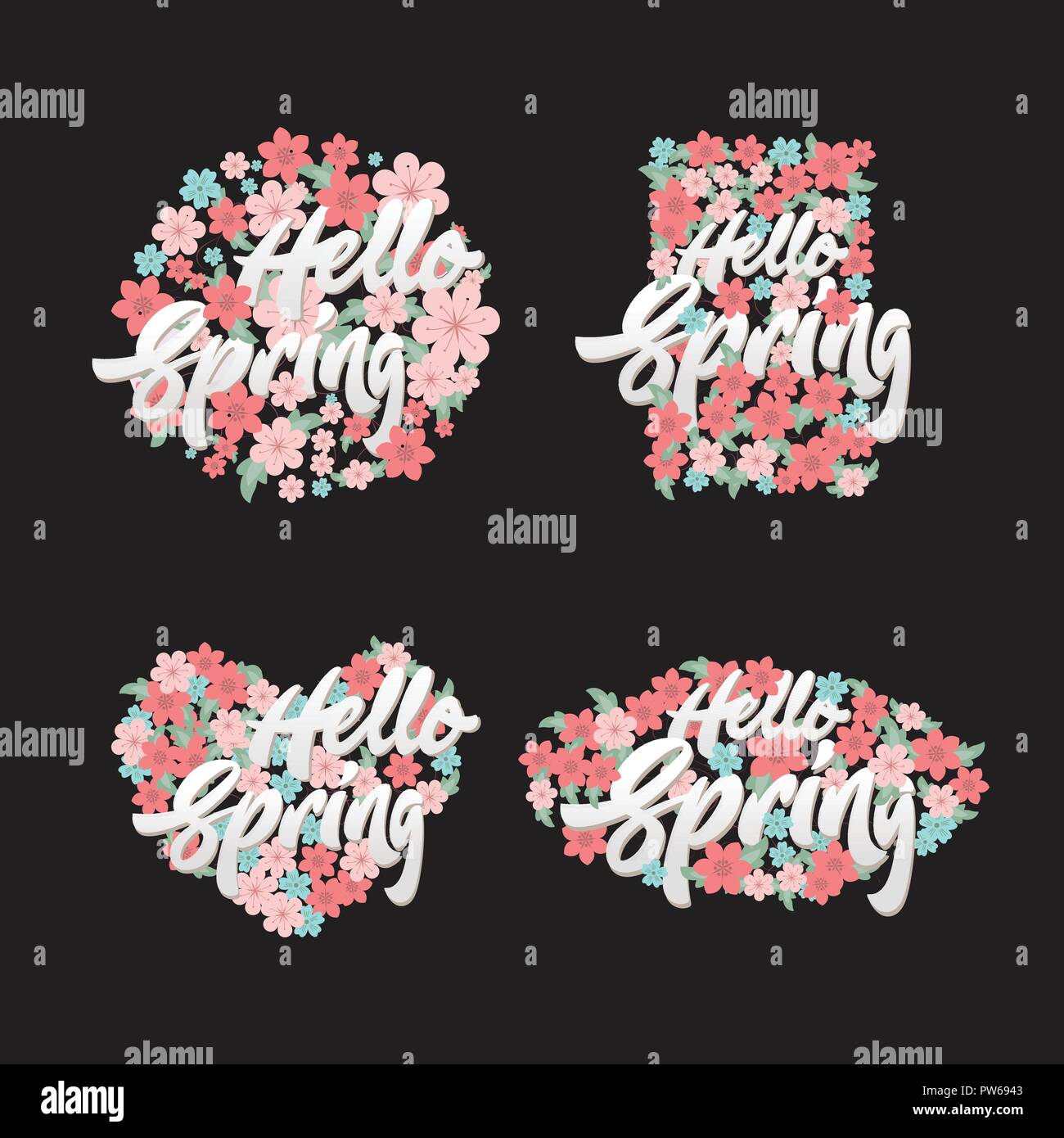 Bonjour Printemps lettrage en éléments fleurs illustration set Illustration de Vecteur