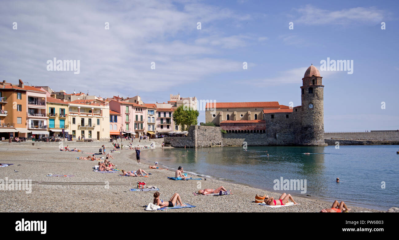 Plage Boramar Collioure France Banque D'Images